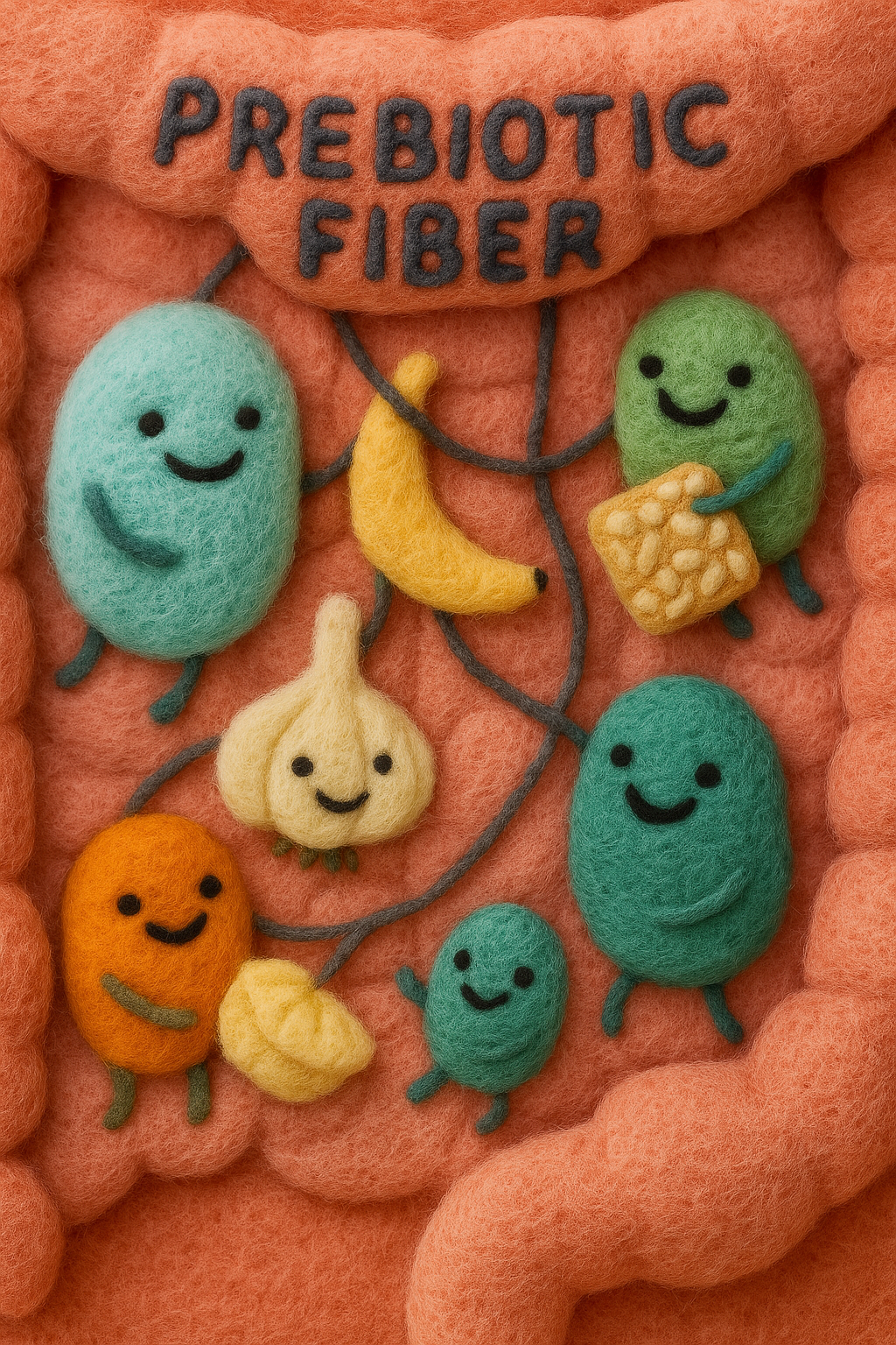 Cute gut bacteria eating prebiotic fibre in a fuzzy, felt-style representation