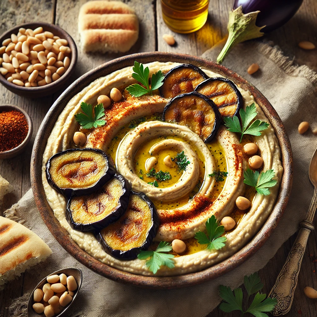 Traditional Middle Eastern hummus served as a main dish with pita, pine nuts, and eggplant, adding context to the question: is hummus good for you?