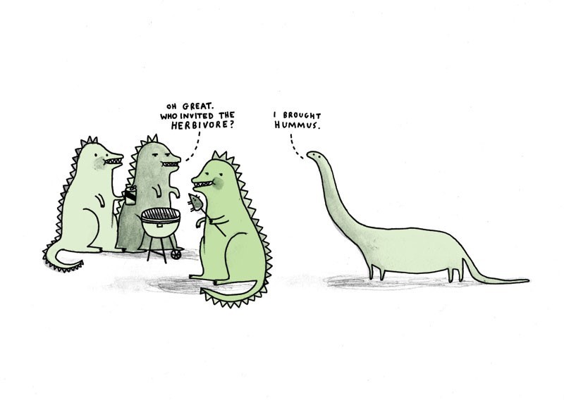 A cartoon strip depicting a trio of dinosaurs around a BBQ saying, "Oh great, who invited the herbivore?" And a diplodocus saying, "I brought hummus"