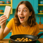 girl looking at a block of tempeh, wondering what is tempeh?