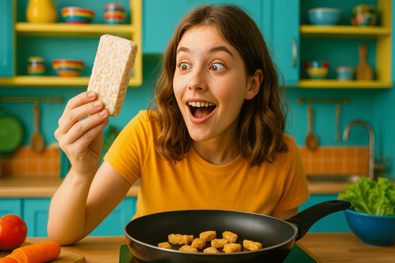 girl looking at a block of tempeh, wondering what is tempeh?