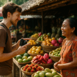 backpacker respectfully asking woman at a rural-looking fruit stand if he can take her photograph