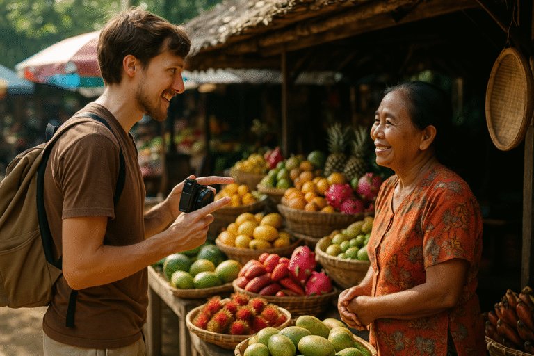 backpacker respectfully asking woman at a rural-looking fruit stand if he can take her photograph