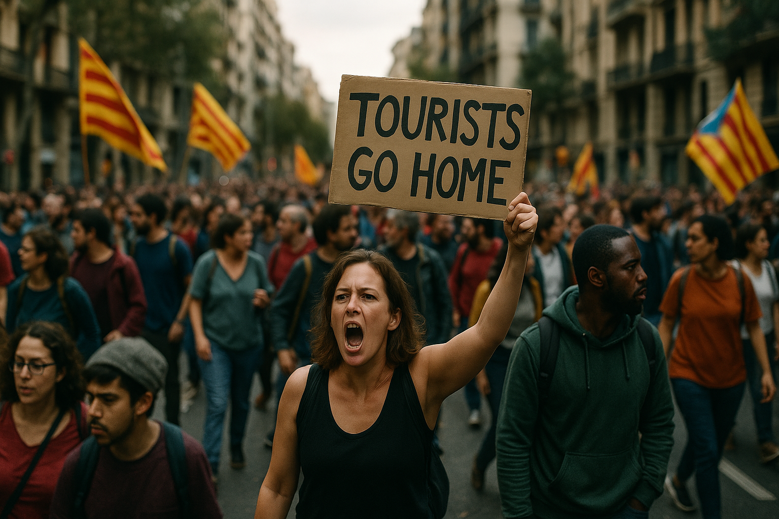 Protest march in Barcelona, with a woman in the foreground holding a sign "TOURISTS GO HOME"