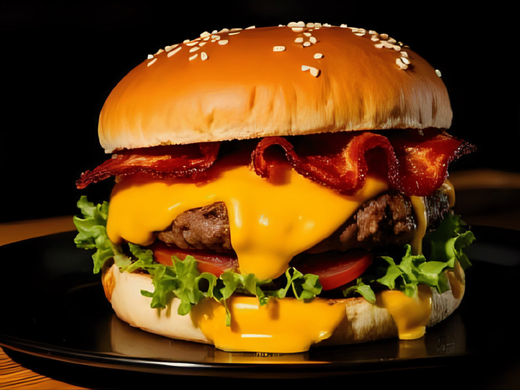 A close-up of a delicious vegan burger, oozing liquid cheese and facon