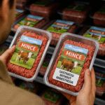 consumer comparing two packages of mince with different animal welfare labels