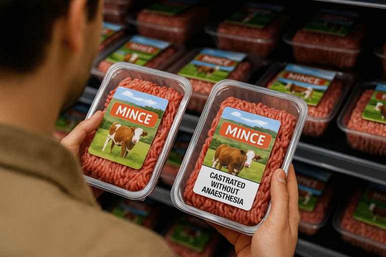 consumer comparing two packages of mince with different animal welfare labels