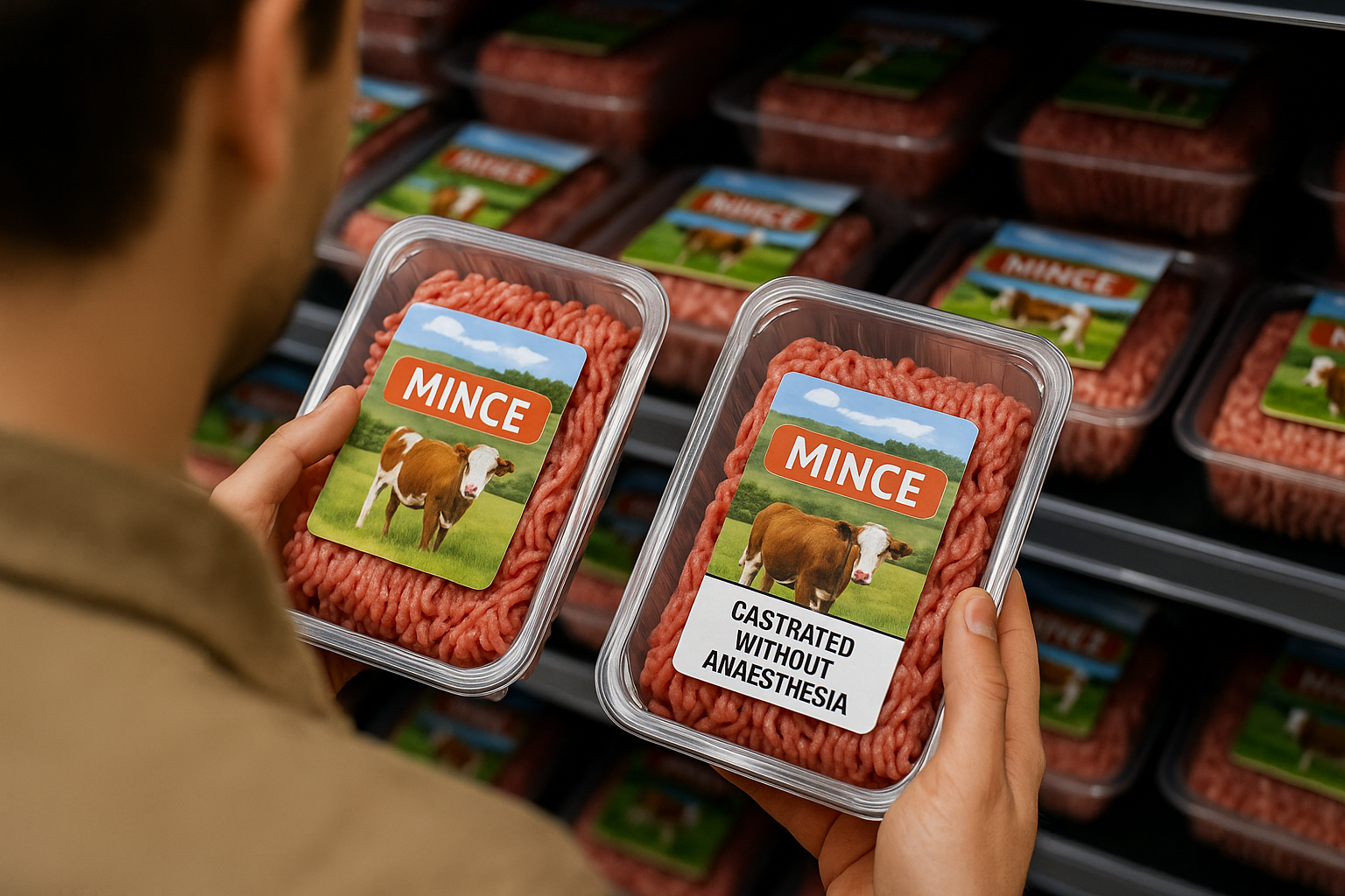 consumer comparing two packages of mince with different animal welfare labels