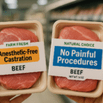 Two products held side by side, one labelled "anesthetic-free castration" and the other "no painful procedures"