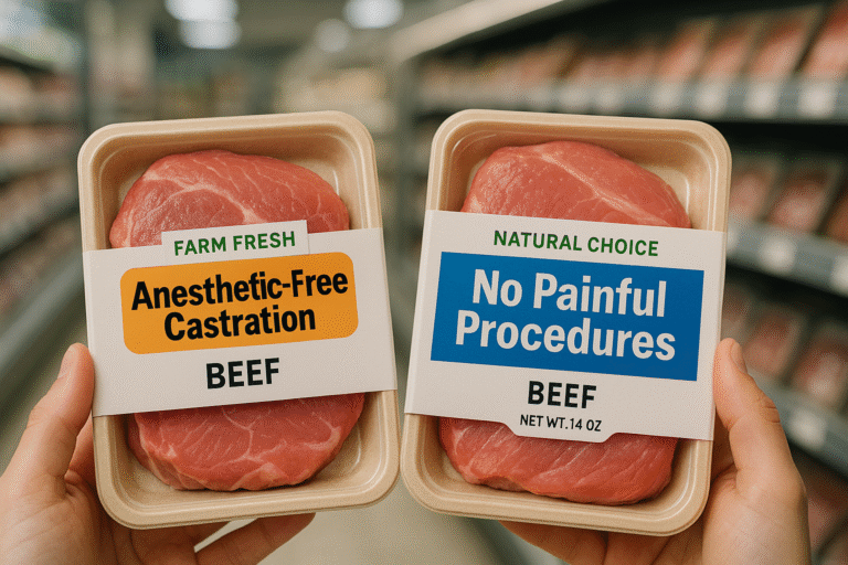 Two products held side by side, one labelled "anesthetic-free castration" and the other "no painful procedures"